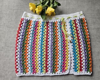 Handmade mini skirt, multicolor stripes, boho style, summer festival outfit, beach outfit, striped crochet mini skirt, holiday look