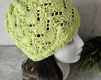 Summer hat, cotton, lightweight, airy, soft, hand-knitted, chemo hat, summer beanie, transitional hat, airy beanie, lemon green, openwork