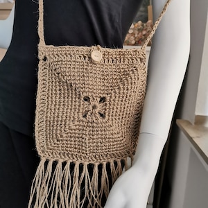 Hand gehäkelte Jute Umhängetasche,Schultertasche,Hippie-Tasche,Häkeln Sie vegane Handtasche skandinavischen Stil,kleine Schulter Jute Tasche