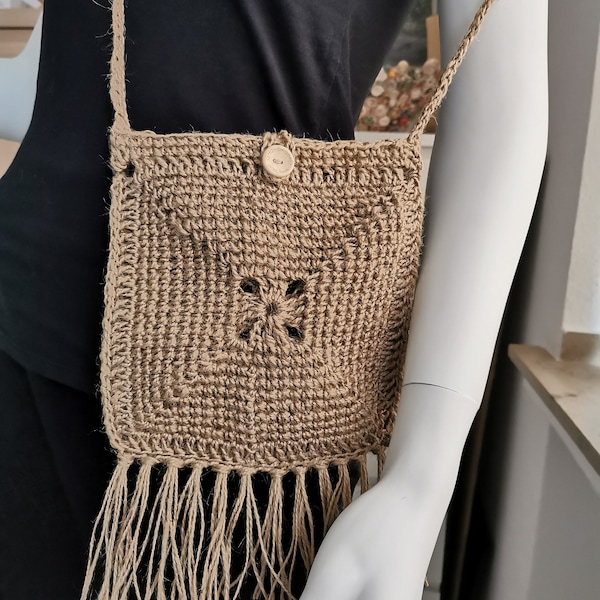 Hand gehäkelte Jute Umhängetasche,Schultertasche,Hippie-Tasche,Häkeln Sie vegane Handtasche skandinavischen Stil,kleine Schulter Jute Tasche