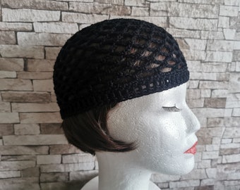 Schwarze Baumwoll-Mütze,Mütze Damen, Sommer Mütze, gehäkelte Sommer Mütze, häkeln Beanie