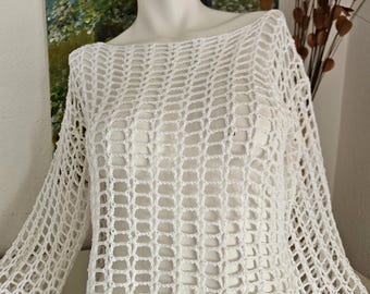 Crochet pullover, 3/4 sleeves, cotton pullover, white women's top, hand-crocheted, summer outfit, white mesh cropped, beach short pullover