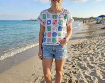 Summer crochet top, crochet sweater, short-sleeved summer blouse, crochet pullover, women's short-sleeved sweater, crochet blouse, granny square, cotton