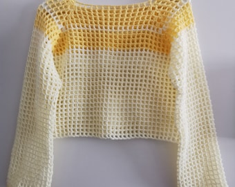 Maglione da donna S/metro, maglione corto, maglione a rete, top giallo crema, maniche a rete all'uncinetto, sciarpa a maniche, coprispalle fatto a mano, top a rete, corto estivo