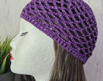 Glittering skull cap, crocheted purple hat, boho crochet hat, Agnetha glitter crochet hat, ABBA style hat, net hat, disco style
