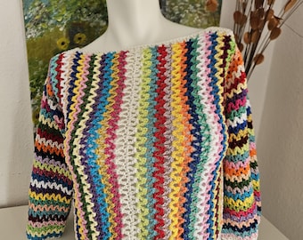 Crochet pullover, 3/4 sleeves, cotton pullover, multicolor women's top, hand-crocheted, summer outfit, multicolor cropped, beach short pullover
