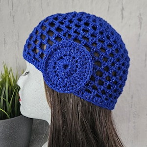 Gehäkelte Beanie in Royal Blue ,Abba Style Beanie mit Glitzer, Handgemachte Skull Cap, Agnetha hat,Netzmütze, Disco Style, Boho Häkelmütze