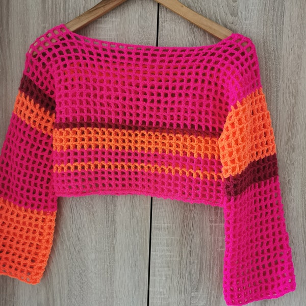 Damenpullover S/M ,Kurzpullover, Netzpullover, Pink-Orange Top, Gehäkelte Netzärmel, Ärmelschal,Handgemachter Shrug, NetzTop, Sommer Cropped