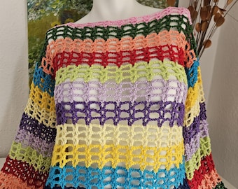 Crochet sweater, cotton sweater, multicolor women's top, hand-crocheted, summer outfit, multicolor beach cropped sweater, summer mesh sweater