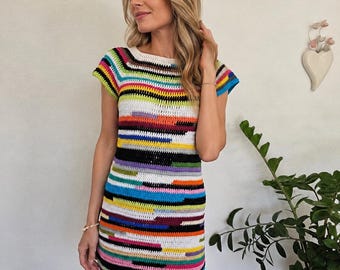 Crocheted summer dress, beach dress, beach party dress, cotton dress, multicolor crochet dress, lightweight summer dress, elegant