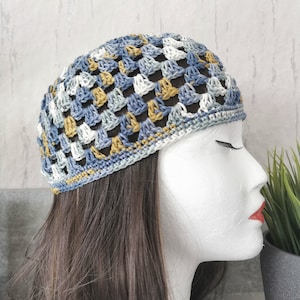 Baumwoll-Mütze, Cotton Mütze,Mütze Damen, Herren, Kinder, Sommer Mütze, gehäkelte Sommer Mütze, häkeln Mütze Multicolor,Senf-Blau Mütze