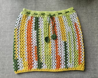 Handmade mini skirt, multicolor stripes, boho style, summer festival outfit, beach outfit, striped crochet mini skirt, holiday look