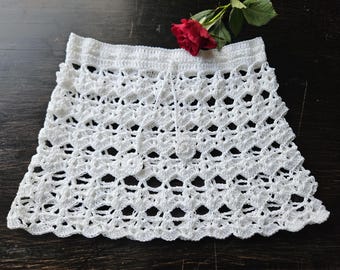 Handmade mini skirt, lace pattern, summer festival outfit, white mini skirt, holiday look, white crochet skirt, cotton beach skirt
