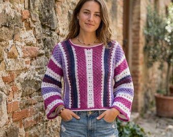 Crochet sweater, long sleeves, cotton sweater, great women's top, hand-crocheted, multicolored summer blouse, cropped sweater, pink, white, purple