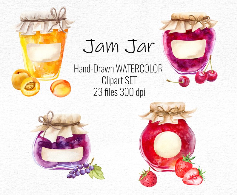 Jam Jar Watercolor Clipart Set Summer Collection Blackcurrant Apricot Watercolor digital Clip art Instant Download Strawberry Cherry