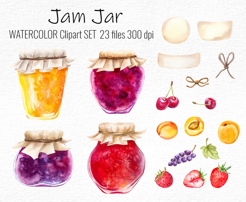 Jam Jar Watercolor Clipart Set Summer Collection Blackcurrant Apricot Watercolor digital Clip art Instant Download Strawberry Cherry