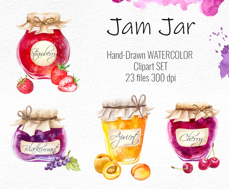 Jam Jar Watercolor Clipart Set Summer Collection Blackcurrant Apricot Watercolor digital Clip art Instant Download Strawberry Cherry