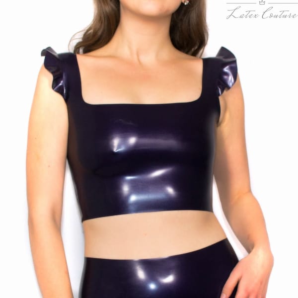 Latex Crop Top - Latex Square Fronted Crop Top With Ruffled Shoulder Straps, Sizes UK 6-16, Various Colours Available, Made to order