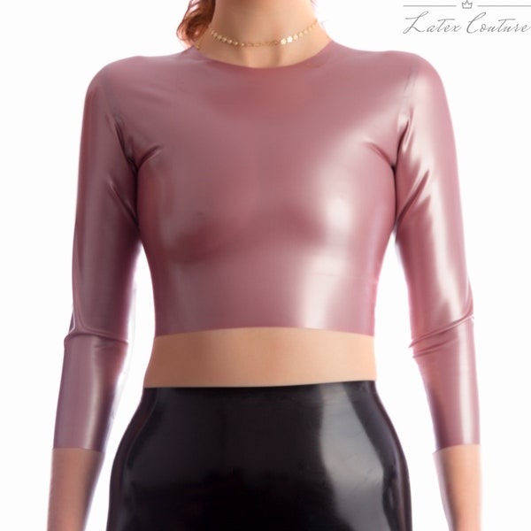 Latex Crop Top - Latex High Necked 3/4 Sleeved Crop Top, Sizes UK 6-16, Various Colours Available, Made to order, Gifts for Her