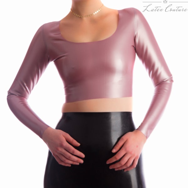 Latex Crop Top - Latex Scoop Neck Long Sleeved Crop Top, Sizes UK 6-16, Various Colours Available, Made to order, Gifts for Her