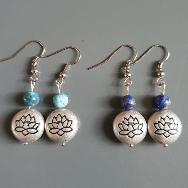 Boucles d'oreilles fleur de lotus  et perle semi précieuse