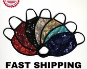 Sequin sparkly Face Mask in Black, Red, Maroon, Rose Gold, Navy Blue, Turquoise, Fuchsia and Gold Washable, Hand Made in the USA