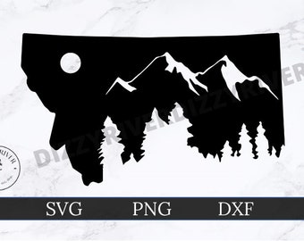 Montana State SVG | DXF | PNG | Cricut Cut File | Silhouette Cut File | Digital Download | Montana Mountains | Forest Landscape | Moon