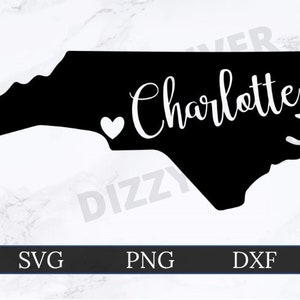 Charlotte North Carolina SVG / DXF / PNG / Cricut Cut File / Silhouette Cut File / Descarga digital / North Carolina State Outline / Heart