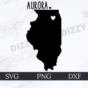 Aurora Illinois SVG | DXF | PNG | Cricut Cut Fichier | Silhouette Cut File | Téléchargement numérique | Les grandes lignes de l’État de l| cœur