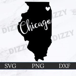 Chicago Illinois SVG | DXF | PNG | Arquivo de corte Cricut | Arquivo de corte de silhueta | Download Digital | Esboço do estado de Illinois | Coração