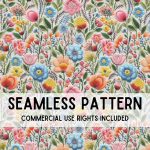 Seamless Pattern | Faux Embroidery | Colorful Floral | Cottagecore | Digital Paper | Fabric Print | Seamless Repeating File| Printable Paper