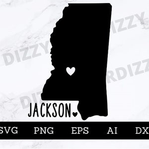 Jackson Mississippi SVG | DXF | PNG | Eps | Ai | Arquivo de corte Cricut | Arquivo de corte de silhueta |Download digital | Esboço do estado do Mississippi | Coração