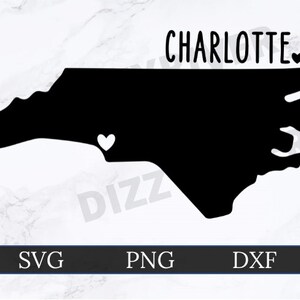 Charlotte North Carolina SVG / DXF / PNG / Cricut Cut File / Silhouette Cut File / Descarga digital / North Carolina State Outline / Heart