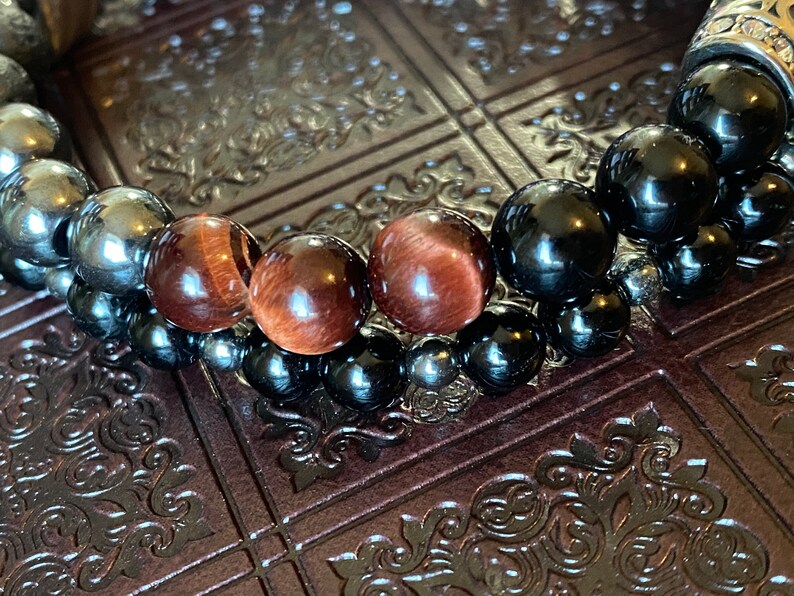Men\u2019s Hand Crown Bracelet Natural Stone Unique Gift Healing Red tiger Eye Hematite Black Onyx Black Tourmaline Essential Oil Bracelet