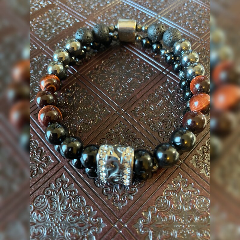 Men\u2019s Hand Crown Bracelet Natural Stone Unique Gift Healing Red tiger Eye Hematite Black Onyx Black Tourmaline Essential Oil Bracelet