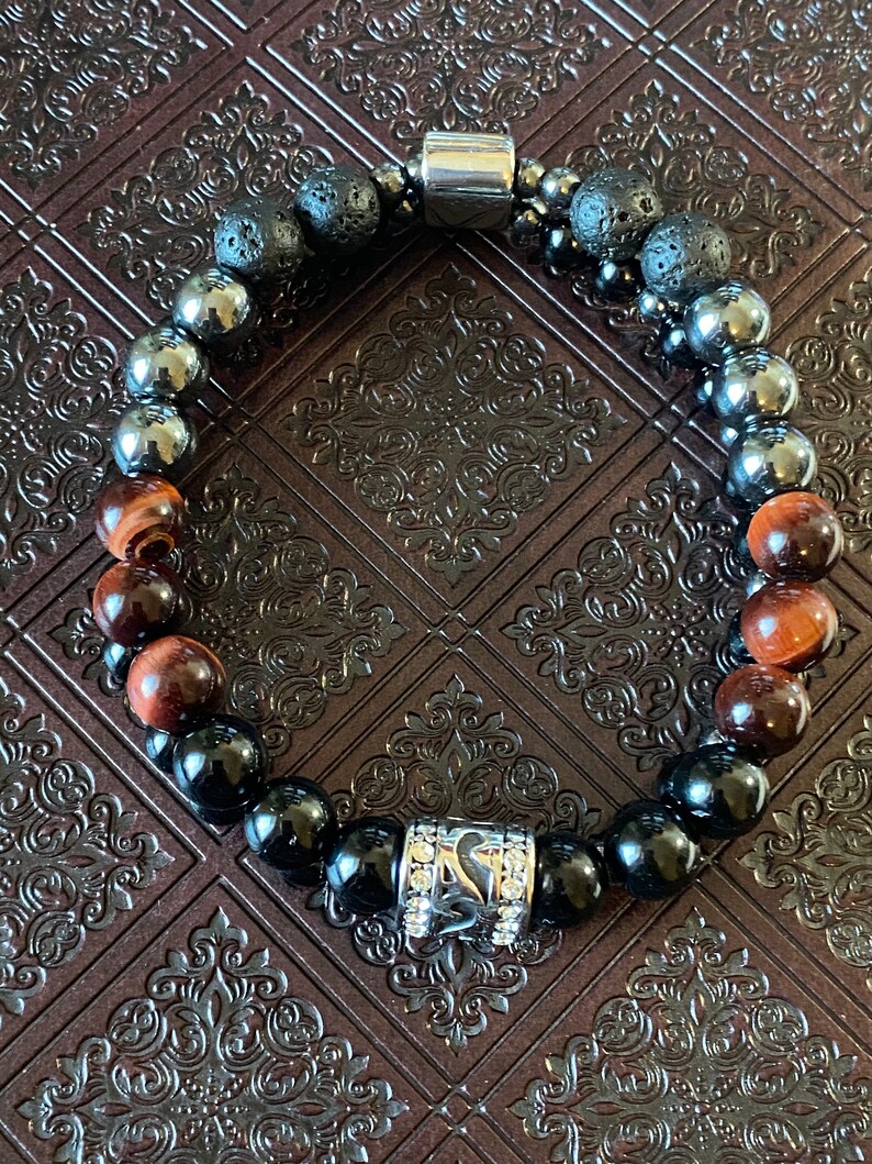 Men\u2019s Hand Crown Bracelet Natural Stone Unique Gift Healing Red tiger Eye Hematite Black Onyx Black Tourmaline Essential Oil Bracelet