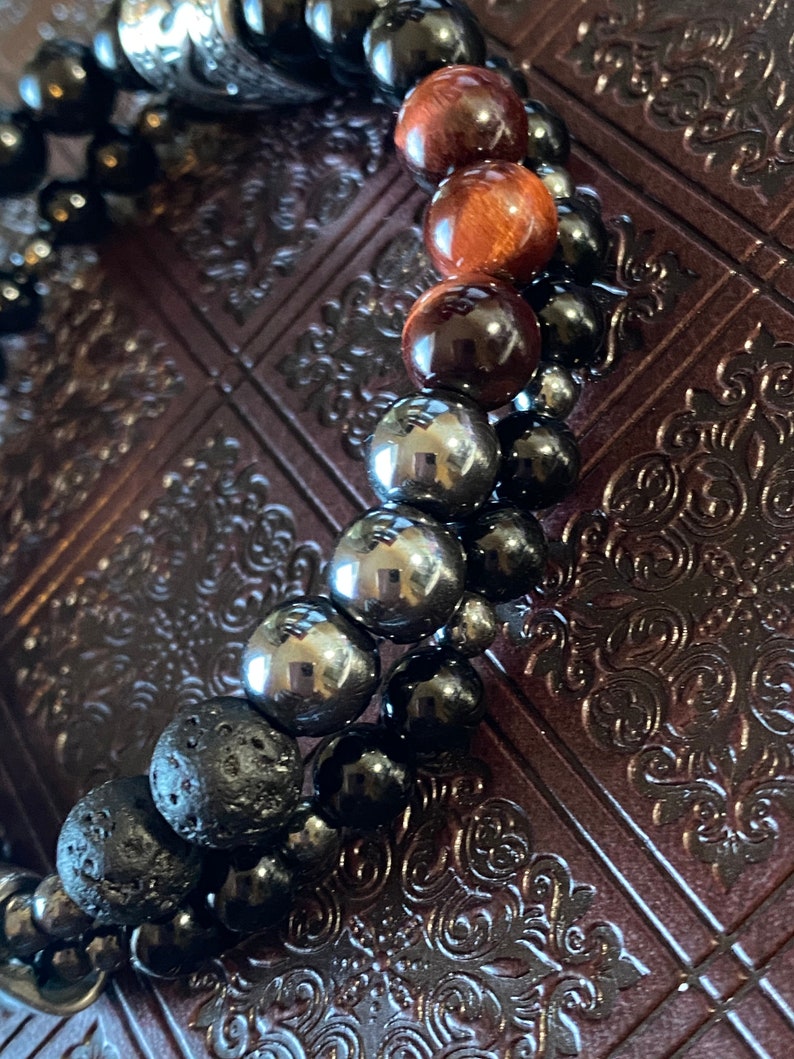 Men\u2019s Hand Crown Bracelet Natural Stone Unique Gift Healing Red tiger Eye Hematite Black Onyx Black Tourmaline Essential Oil Bracelet