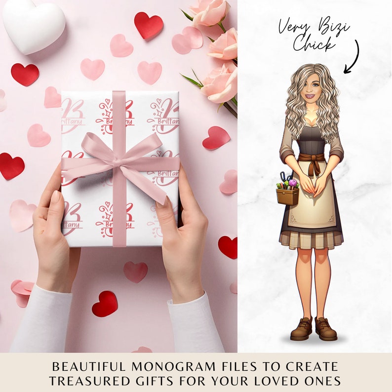 K&ouml;nnte beinhalten: Eine wei&szlig;e Geschenkbox mit einem rosa Band ist in wei&szlig;es Papier mit einem rosa Herzen und dem Namen "Brittany" eingewickelt, der auf dem Papier wiederholt wird. Die Box ist von rosa Herzen auf einem rosa Hintergrund umgeben. Der Text "Very Bizi Chick" ist in Schwarz auf wei&szlig;em Hintergrund geschrieben.
