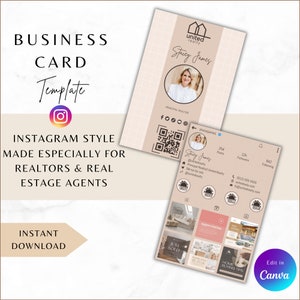 May include: A beige and brown business card template for real estate agents. The card features a photo of a woman, the text "Stacey James", and the logo "United Realty". The card also includes a QR code, social media icons, and contact information.