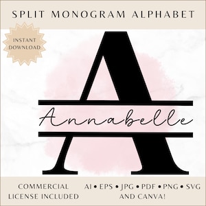 Letras de monograma divididas Canva SVG EPS AI Png Pdf Jpg Archivos de corte / Archivos de monograma del alfabeto familiar para máquinas de corte Cricut Silhouette Craft