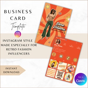 Retro vintage Instagram-visitekaartje, IG Canva-sjabloon, QR-code, bewerkbaar digitaal, fashion influencer, fashionista, icoon jaren 70 jaren 70