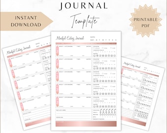 May include: Printable mindful eating journal template with pink and gold accents. The journal includes sections for tracking meals, hunger levels, mood, and reflections. The template is available in A4, US Letter, and A5 sizes.