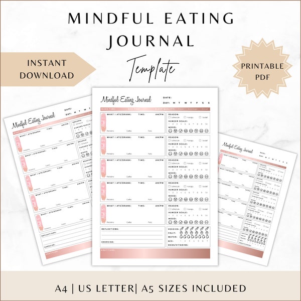 Mindful Eating Journal Template | A4 US Letter & A5 Printable Planner | Diary Insert | Intuitive EatingTracker