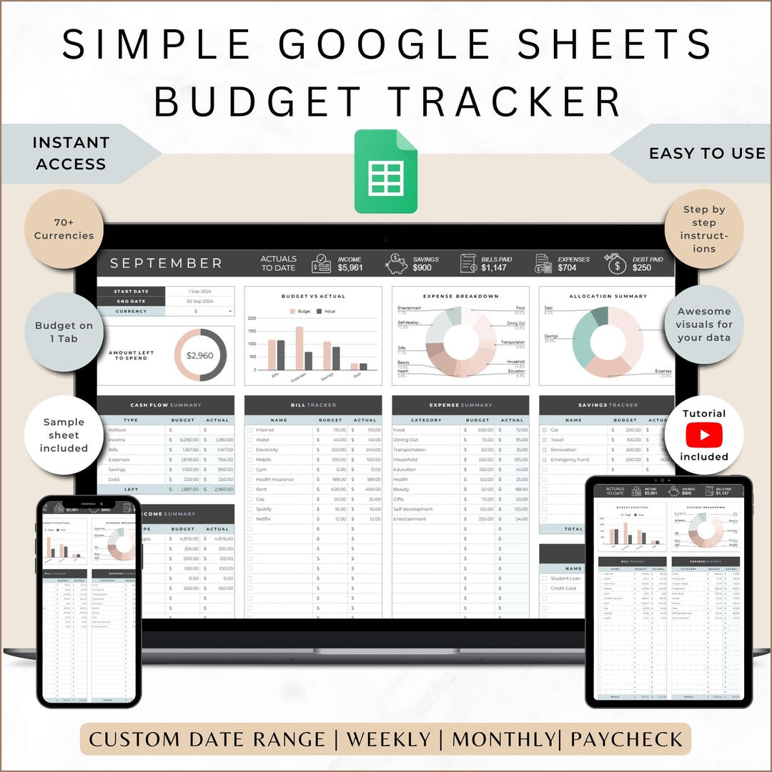 Simple Budget Spreadsheet for Google Sheets , Monthly Budget Planner ...