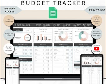 May include: A laptop computer displaying a Google Sheets budget tracker template. The template features a September calendar, charts, and tables for tracking income, expenses, and savings. The template is designed with a minimalist aesthetic, using a black and white color scheme with accents of light pink and green. The text "SIMPLE GOOGLE SHEETS BUDGET TRACKER" is displayed at the top of the image. The text "CUSTOM DATE RANGE | WEEKLY | MONTHLY | PAYCHECK" is displayed at the bottom of the image.