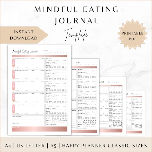 Printable Food Diary, A4 A5 Letter Happy Planner Classic Daily Food Journal, Mindful Eating Journal, Intuitive Eating, Weight Loss Tracker