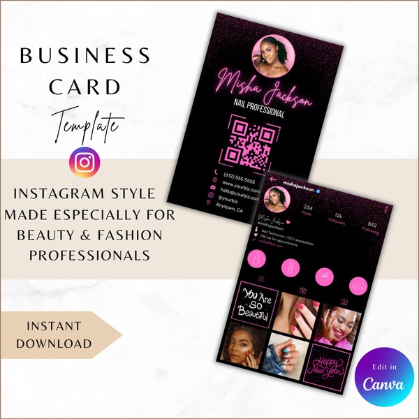 Instagram business card, IG Canva template, QR code editable, portrait black pink, lash technician nail artist fashion hair influencer