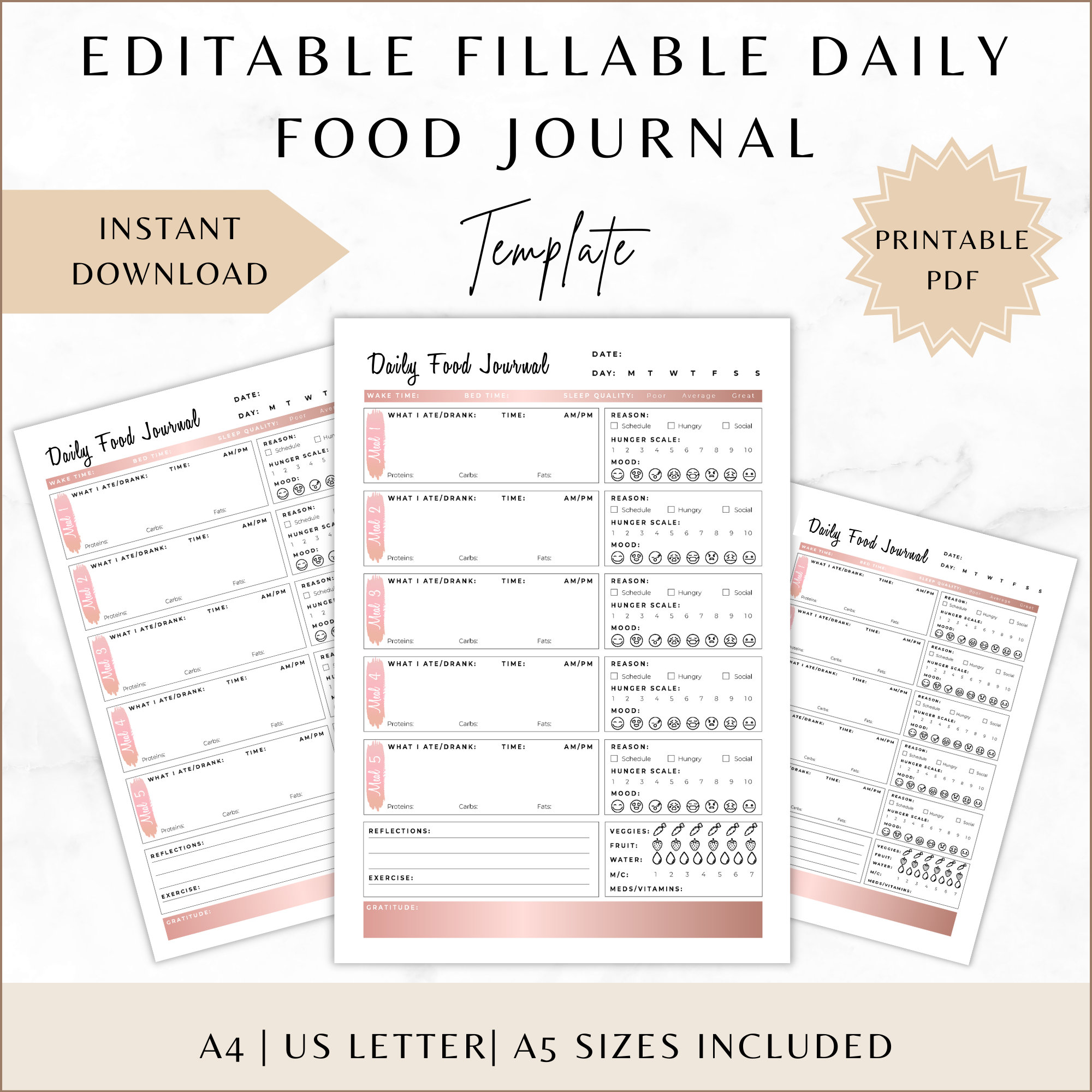 Printable Fillable Daily Food Journal | Mindful Eating | Intuitive ...