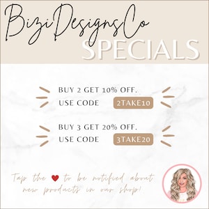 K&ouml;nnte beinhalten: Eine Grafik mit Marmorhintergrund und dem Text "Bizi Designs Co SPECIALS". Die Grafik zeigt zwei Rabattangebote: Kaufen Sie 2, erhalten Sie 10&nbsp;% Rabatt, verwenden Sie den Code 2TAKE10 und Kaufen Sie 3, erhalten Sie 20&nbsp;% Rabatt, verwenden Sie den Code 3TAKE20. Die Grafik enth&auml;lt auch ein Herzsymbol und den Text "Tippen Sie auf das Herz, um &uuml;ber neue Produkte in unserem Shop benachrichtigt zu werden!"