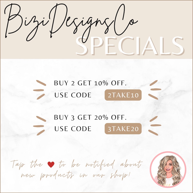 K&ouml;nnte beinhalten: Eine Grafik mit Marmorhintergrund und dem Text "Bizi Designs Co SPECIALS". Die Grafik zeigt zwei Rabattangebote: Kaufen Sie 2, erhalten Sie 10&nbsp;% Rabatt, verwenden Sie den Code 2TAKE10 und Kaufen Sie 3, erhalten Sie 20&nbsp;% Rabatt, verwenden Sie den Code 3TAKE20. Die Grafik enth&auml;lt auch ein Herzsymbol und den Text "Tippen Sie auf das Herz, um &uuml;ber neue Produkte in unserem Shop benachrichtigt zu werden!"